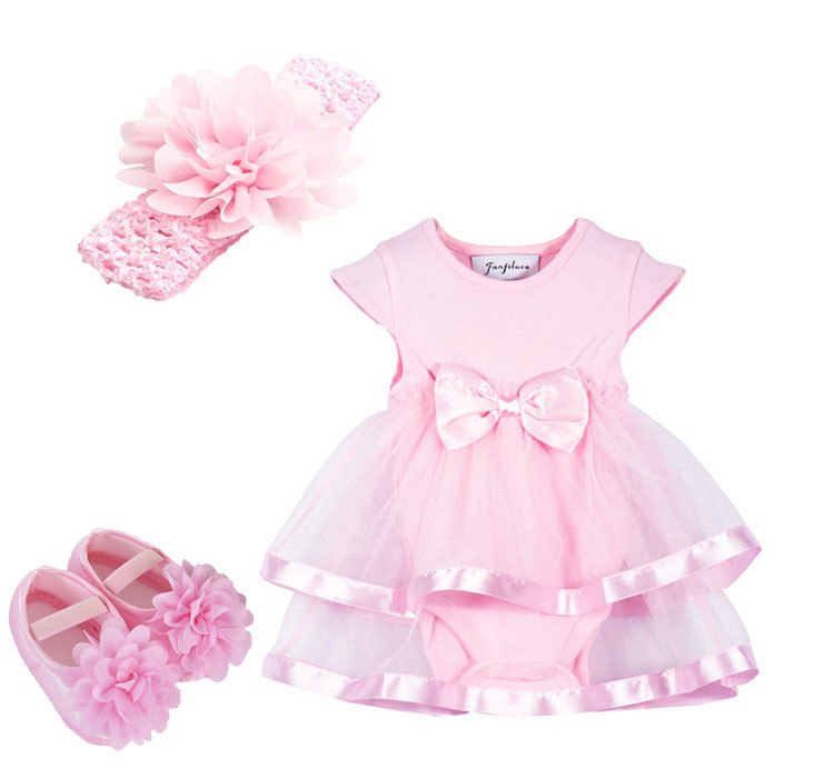 Fanfiluca 3PCS Baby Romper+ Baby Headwear+Baby Shoes Bow Baby Girl Dress Cotton Soft Lace Newborn Body Suit Baby Clothes - Futurmama