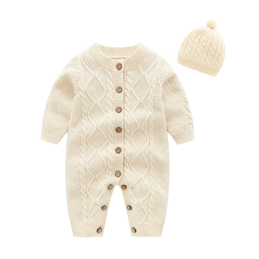 new born baby clothes,Beige Baby Knit Romper with Hat, baby onesie baby winter jumpsuit baby costume - Futurmama