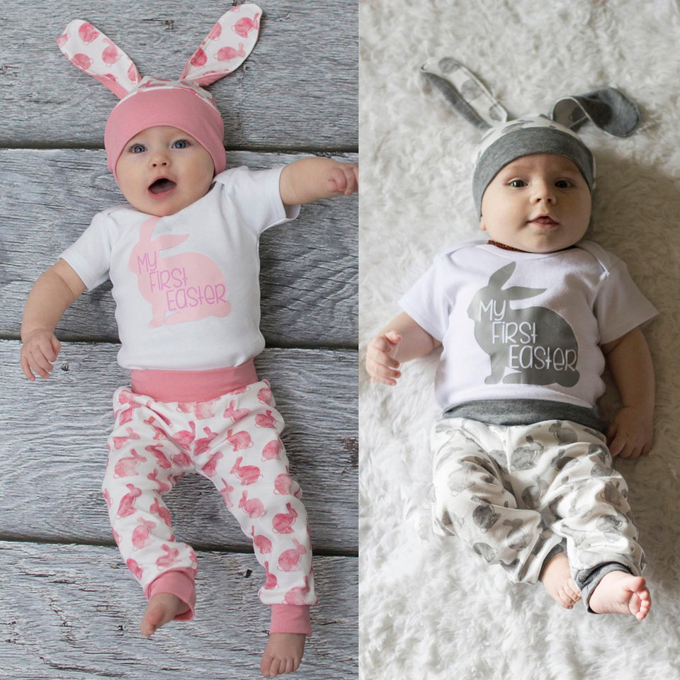 Newborn Baby Girl Boy Cartoon First Easter 3D Bunny Outfits Romper Hat Pants Set - Futurmama