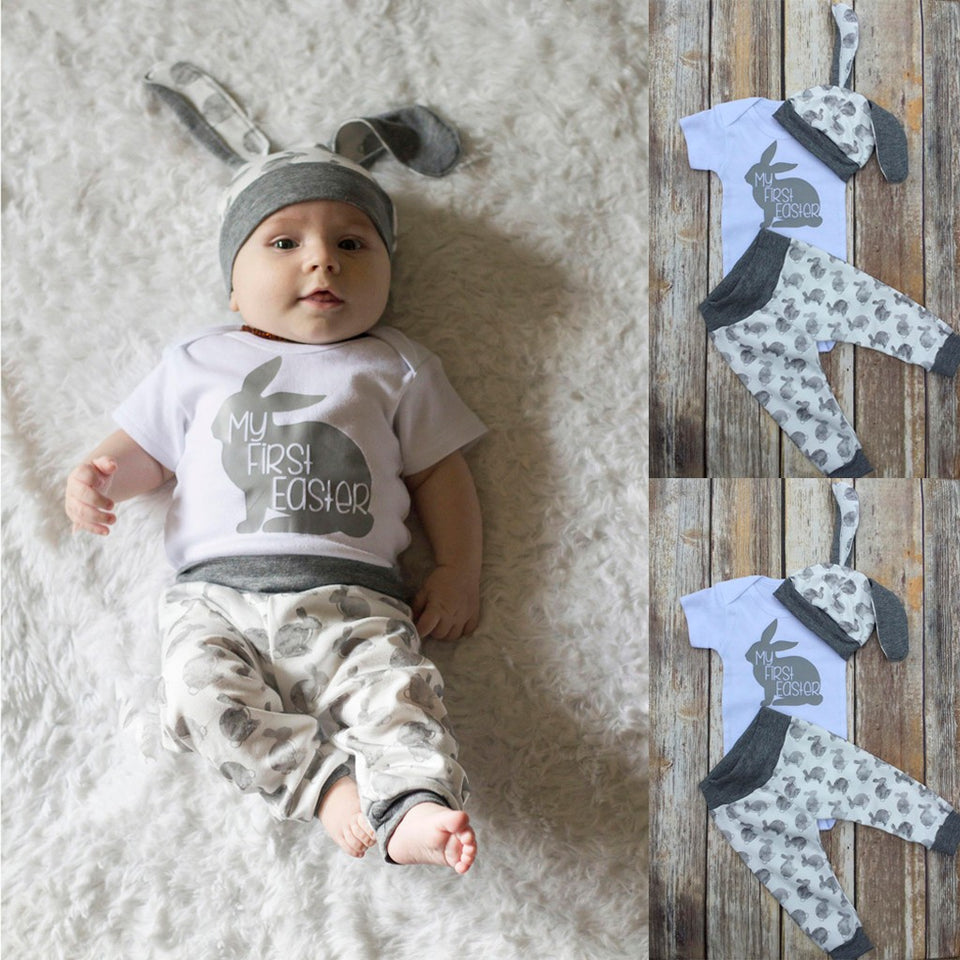 Newborn Baby Girl Boy Cartoon First Easter 3D Bunny Outfits Romper Hat Pants Set - Futurmama